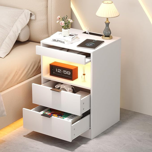 Yusong Night Stand with Gun Drawer & Invisible Lock, Bedside Table, LED Nightstand with Charging Station, Modern Night Stand, Wood Sofa Couch End Side Table with 2 Pull-Out Shelf, Black