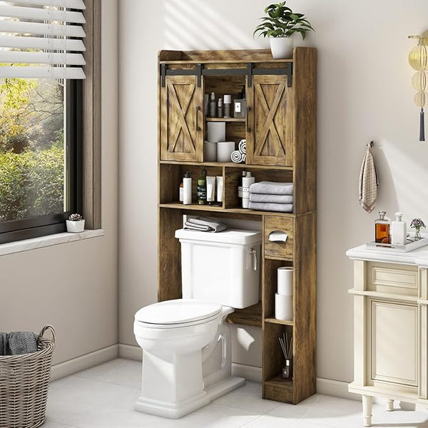 Over The Toilet Storage Cabinet, Farmhouse Storage Cabinet Over Toilet with Sliding Doors，Home Space-Saving Toilet Rack, for Bathroom, Restroom, Laundry
