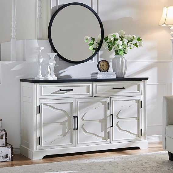 JXQTLINGMU 55" Large Buffet Sideboard Cabinet with 3 Doors and 2 Drawers, Buffet Table Coffee Bar Wine Bar Storage Cabinet for Dining Room, Living Room, Off White
