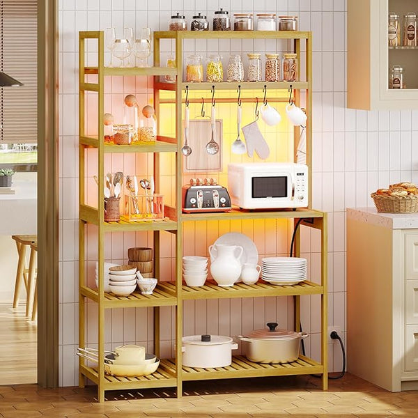 Bakers Rack with Power Outlets, 8-Tier Microwave Stand, Kitchen Utility Storage Shelf 10 S-Shaped Hooks, Coffee Bar Table Station, Standing Rack, 31.5 x 15.7 x 65 Inches, Bamboo