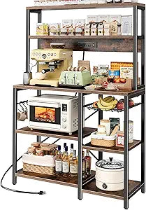 SUPERJARE Bakers Rack with Power Outlet, 35.4 Inches Coffee Bar with Wire Basket, Kitchen Microwave Stand with 6 S-Shaped Hooks, Open Storage Shelves, Rustic Brown